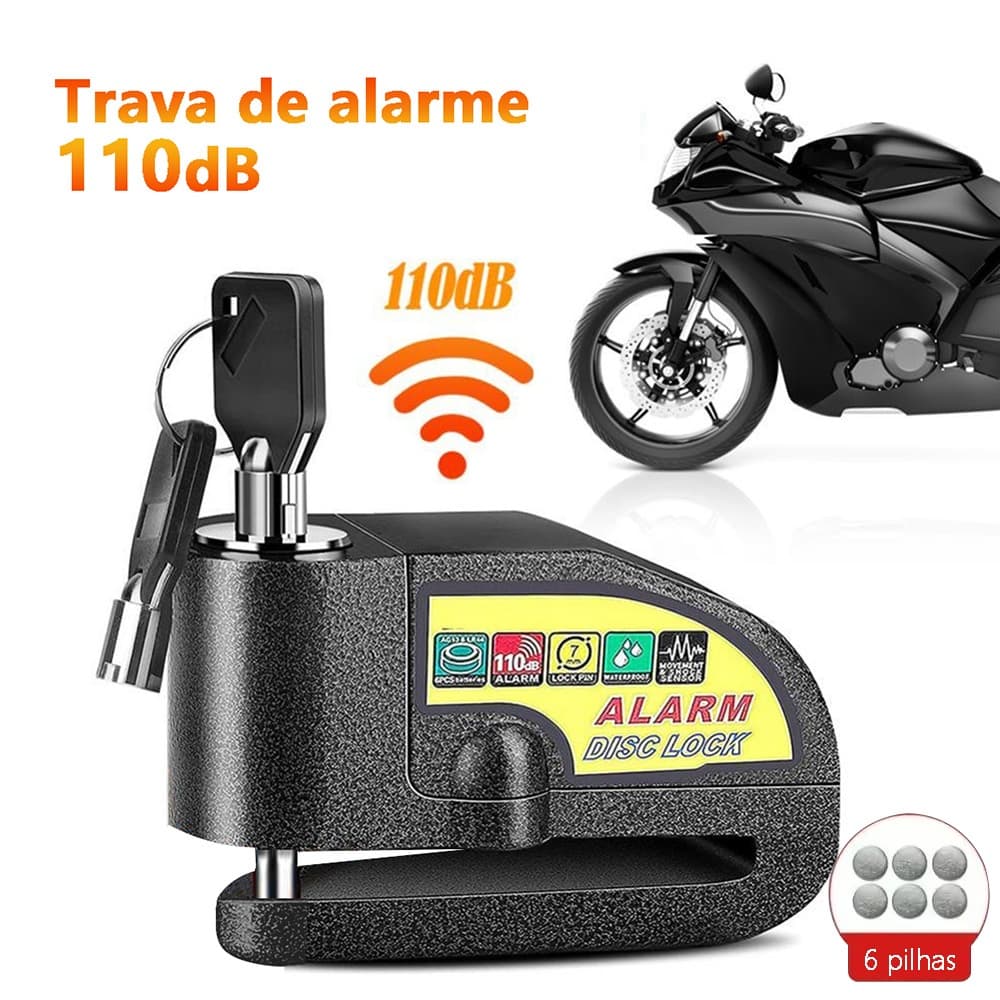 Trava Cadeado de Disco com Alarme 110dB Antifurto para Moto e Bike, à Prova d'Água e Corte