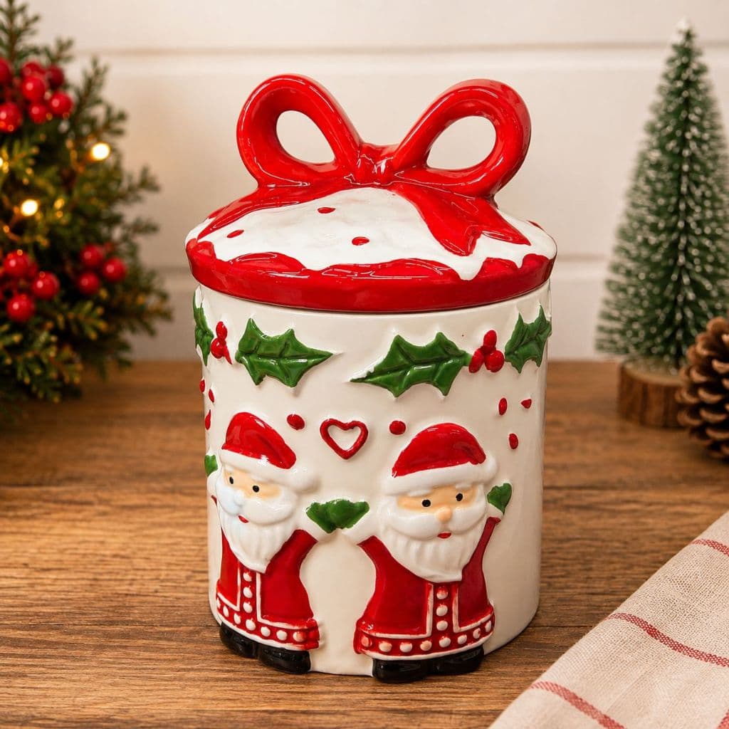 Pote de Natal em Porcelana Papai Noel com Tampa Decorada Vermelho Branco Pote Natalino Porta Mantimentos