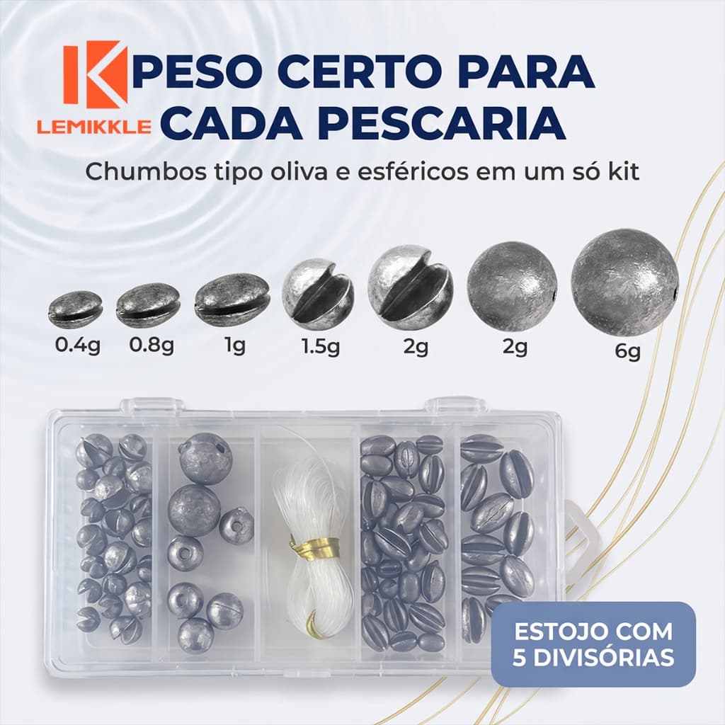 LEMIKKLE - Conjunto Chumbadas Divididas e Redondas para Pesca, Diversos Pesos com Estojo Plástico