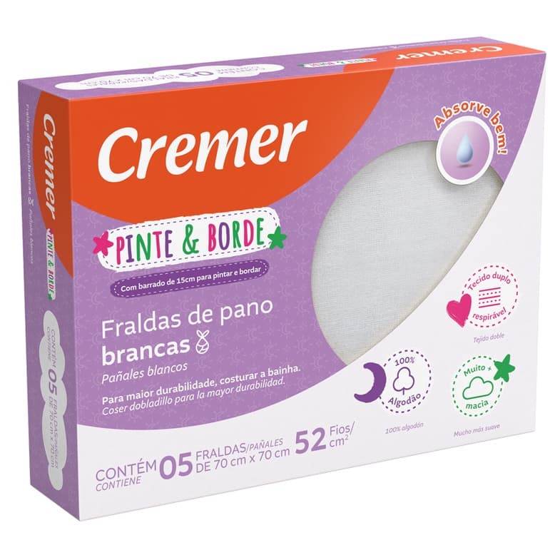 Fralda Cremer Pinte E Borde Caixa c/ 5 Unid, Branca, Azul e Rosa