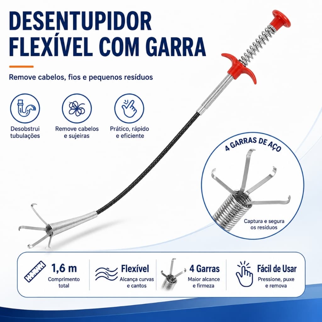 Desentupidor de Pia Flexível 1,6m com Garra 4 Pontas Removedor de Cabelos para Ralo Banheiro Cozinha