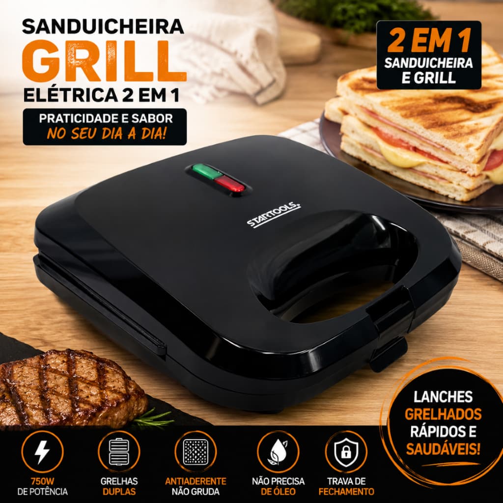 Sanduicheira Grill Elétrica 2 em 1 Startools 750W Antiaderente 220V
