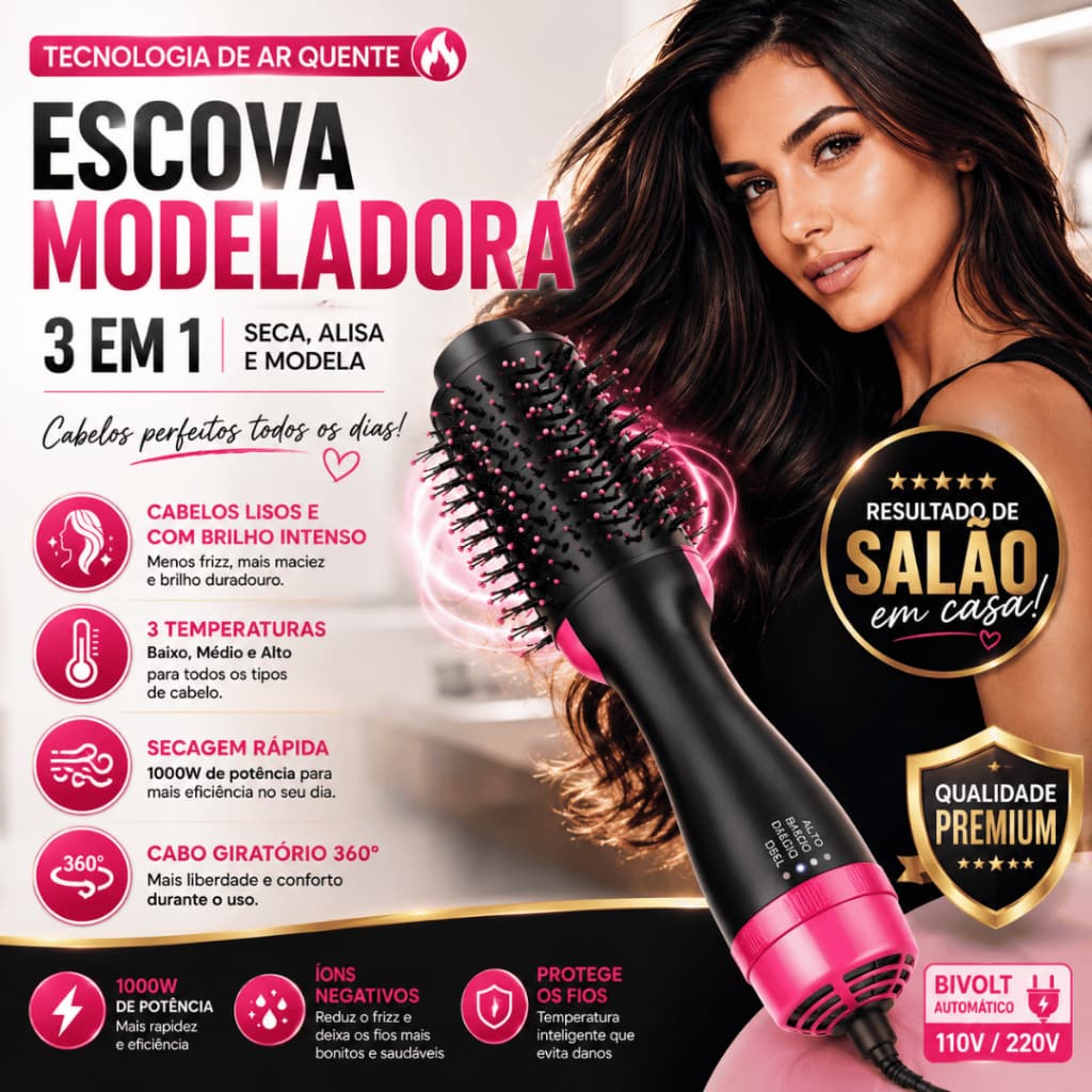 Escova Secadora Cabelo Bivolt Modeladora Alisadora Quente Profissional 1300W Anti Frizz Hair Styler