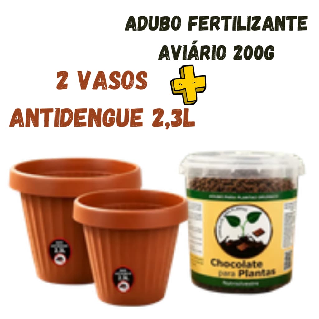 Kit Fertilizante Adubo Orgânico Aviário 200g + 2 Vasos Redondo Antidengue Com Prato Embutido 2,3l