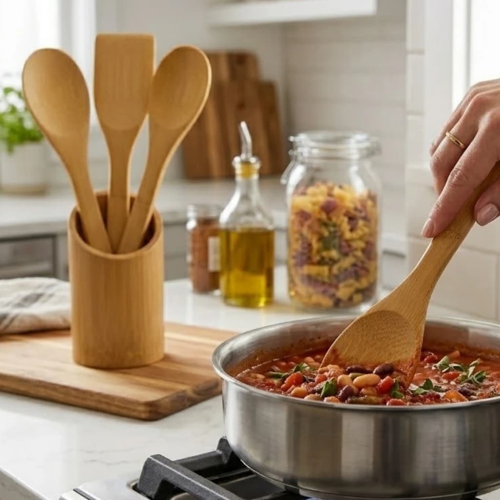 Kit Bambu Colher e Espátula Premium Não Risca Panelas Resistente Calor Cozinha 1, 2 ou 5 Peças
