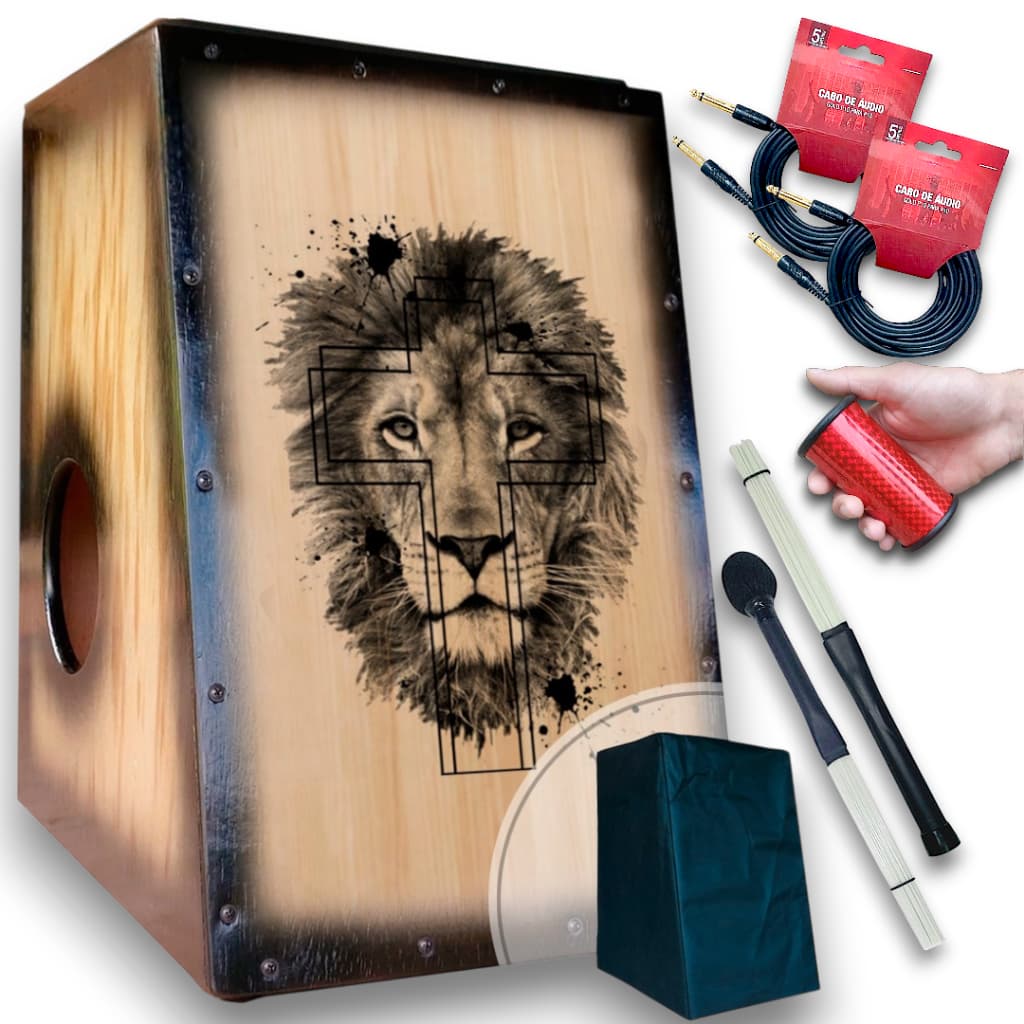 Cajón Elétrico/Acústico Especial + Kit Percussão Completo + 2 Cabos