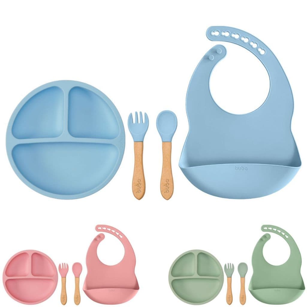 Kit Refeição Infantil 3 Peças Prato Divisórias e Ventosas, Kit Talheres Silicone Cabo Bambu e Babador Pega Migalhas Buba