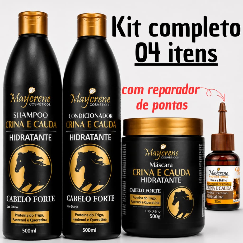 Kit Crina e Cauda Shampoo+ Condicionador+ Máscara+ Reparador Crescimento Cabelo Hidratação Maycrene