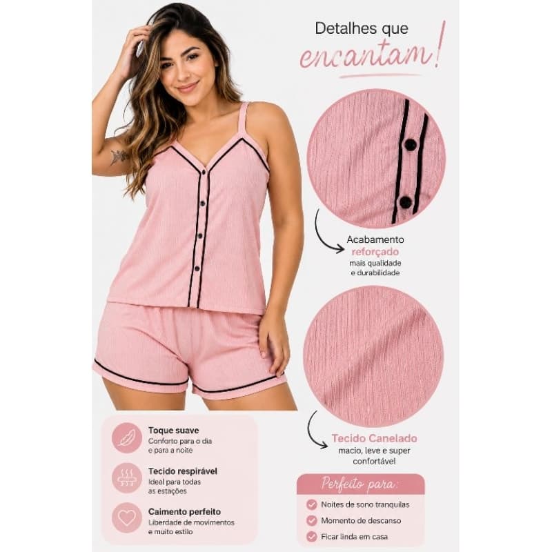 Pijama Canelado Americano Elegante / Baby Doll com Botões Funcionais ideal para Amamentação