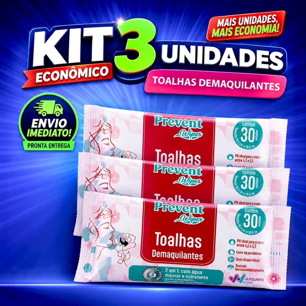 KIT 3 PCT TOALHAS, LENÇOS DEMAQUILANTES PREVENT WIPES