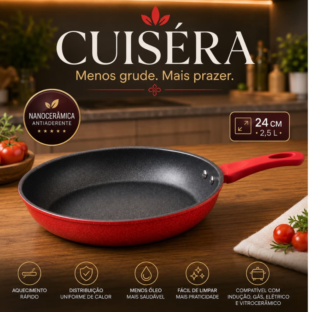 Frigideira Nanocerâmica CUISÉRA 24cm Antiaderente Vermelha 2,5L para Fogão Gás Elétrico Indução