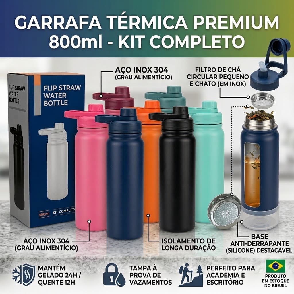 Garrafa Térmica 800ml Inox com Tampa Vedada para Bebidas Quentes e Geladas, Garrafa Portátil para Academia, Trabalho e V