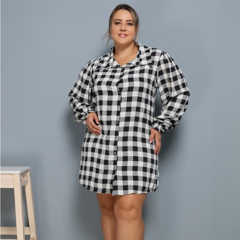 Camisa feminino Plus Size xadrez vestido Chemise Moda Blogueira/COD:C11