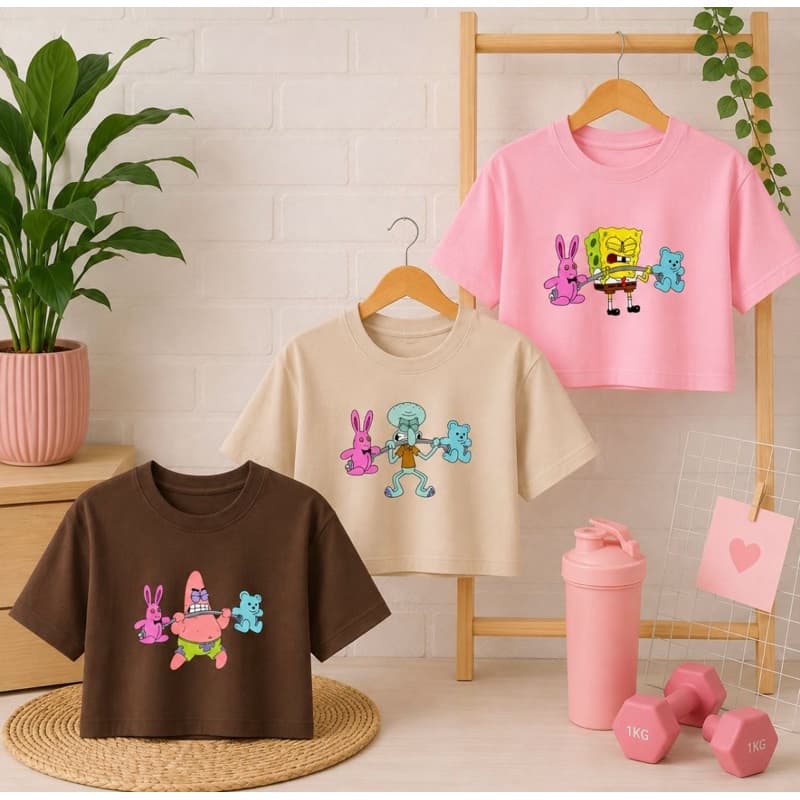 Cropedd Kit 3 Peças Blusinha Turma Bob Esponja Academia Algodão Premium Divertida Levinha Tendência Ideal Exercícios