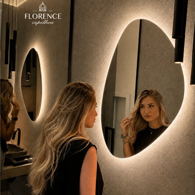Espelho Orgânico Pou 80x50 LED, Couro e Suporte