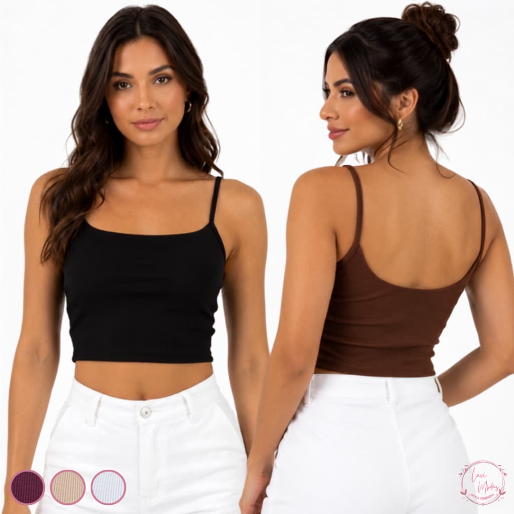 Cropped Feminino Regata Alça Fina Ribana Canelada Blusa Básica Premium