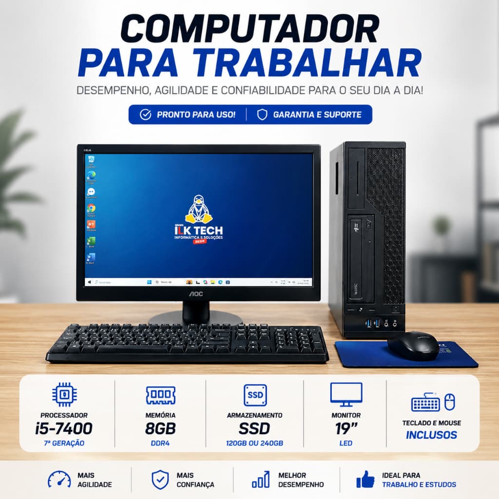 Computador CPU Core 5, 8GB, SSD 120 ou 240GB, Windows 11, Office, Monitor 19", Kit Teclado e Mouse