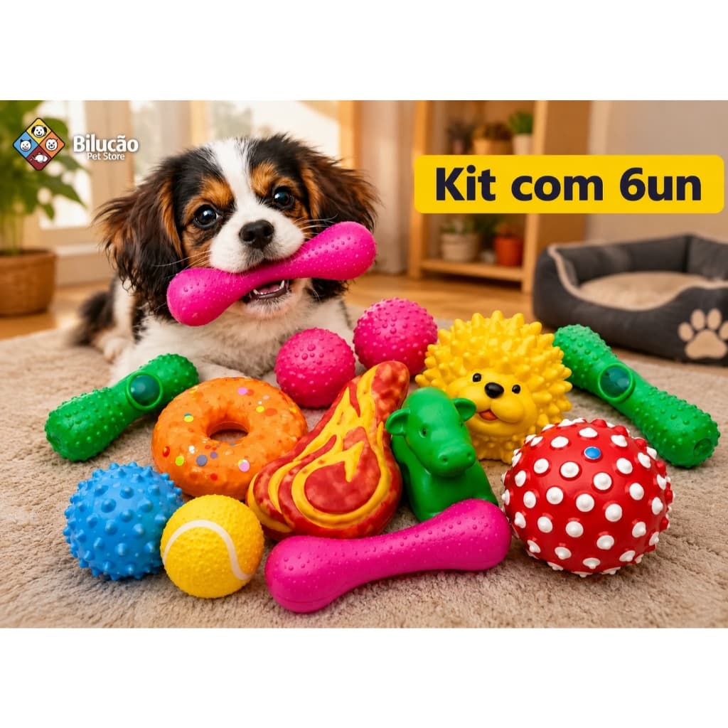 Kit 6 Brinquedos Para Cachorro Filhote Pet Mordedor Interativo Antiestresse Vinil Cães Pequeno Médio Porte Sortidos