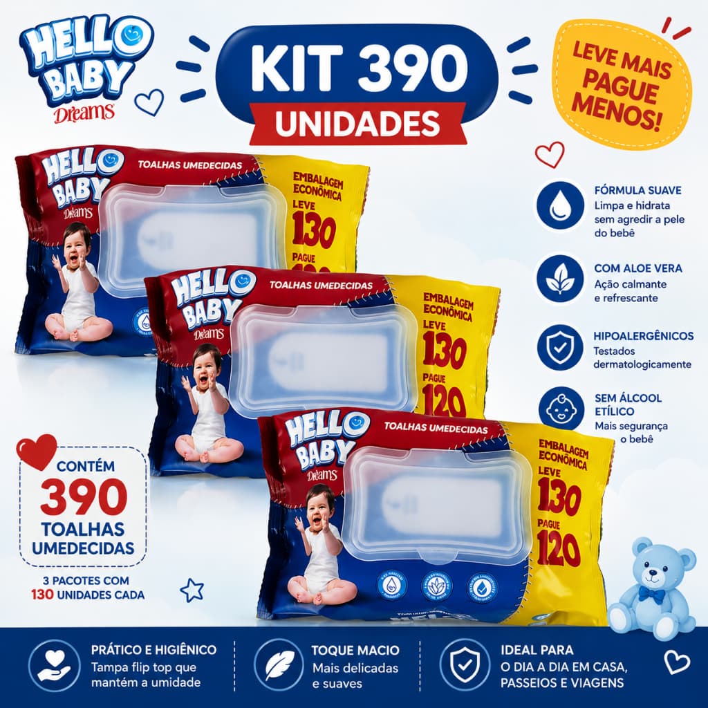 Kit 3 Pacotes Lenços Umedecidos Hello Baby Dreams – Total 390 Unidades (Leve 130 por Pacote)