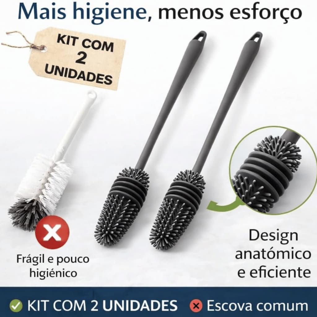 Escova de Silicone para Lavar Garrafas Mamadeiras Copos e Taças Cabo Longo Flexível Limpeza Profunda