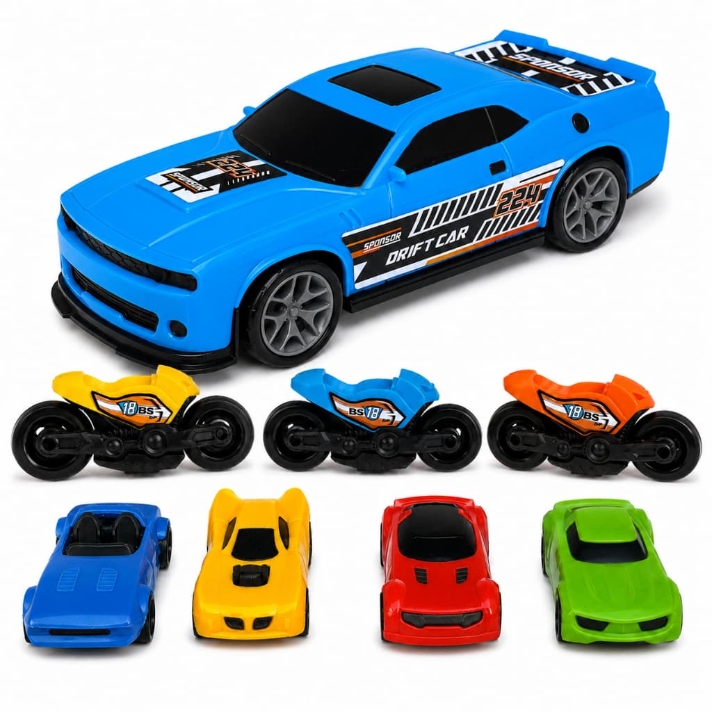 Kit 8 brinquedos Menino Carro Esportivo Drift Realista + 3 Motinhas de Corrida + 4 Carrinhos