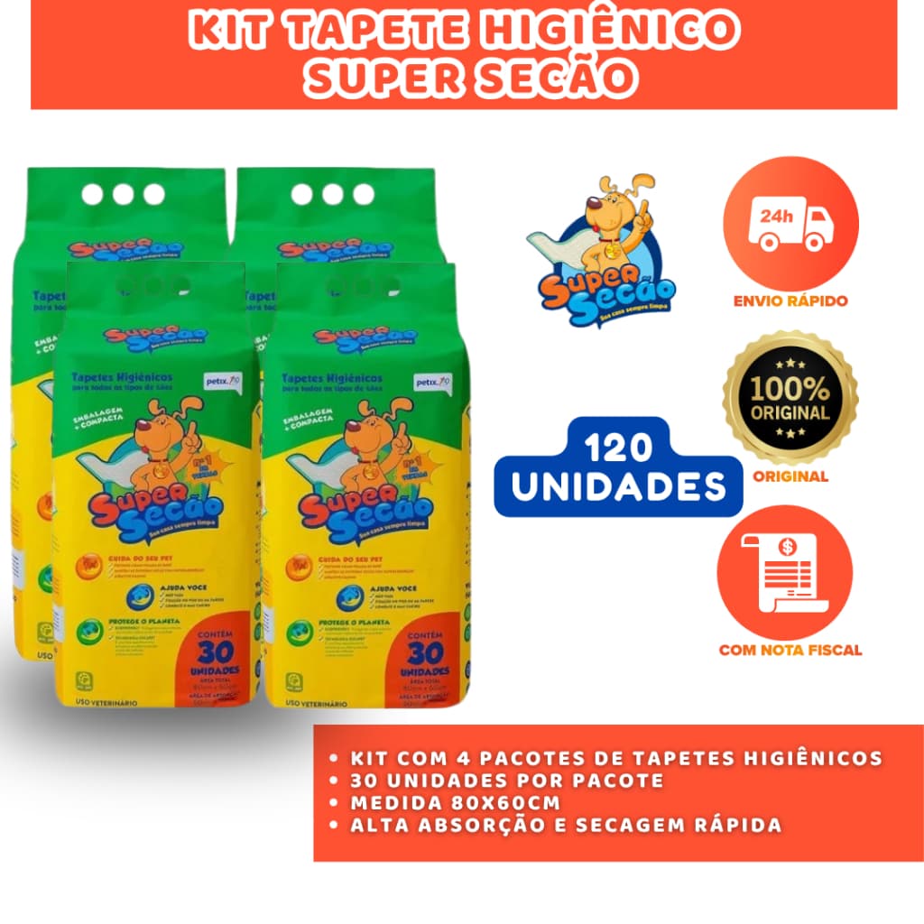 KIT COM 4 TAPETES HIGIÊNICOS SUPER SECÃO 80X60CM SECAGEM RÁPIDA E ANTIVAZAMENTO