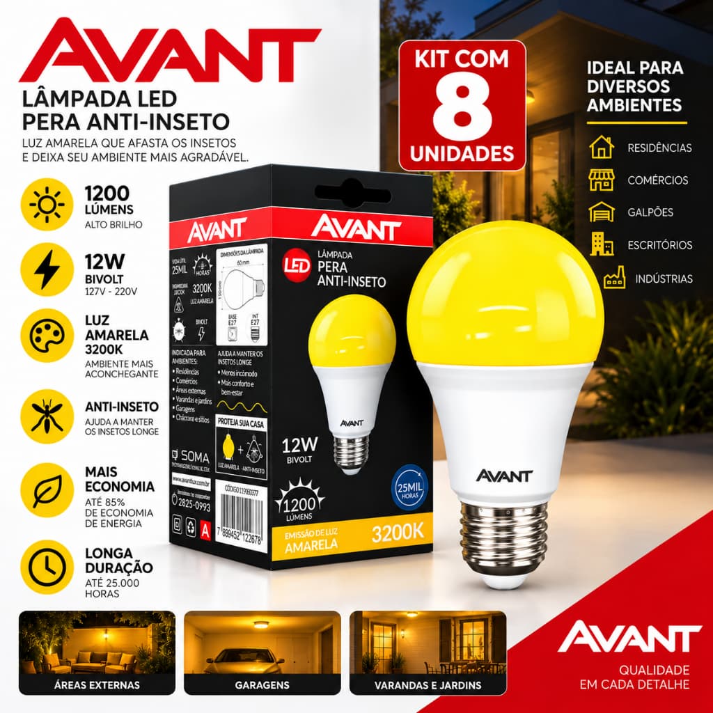 Kit 8 Lâmpadas Pera Repelente Emissão de Luz Amarela