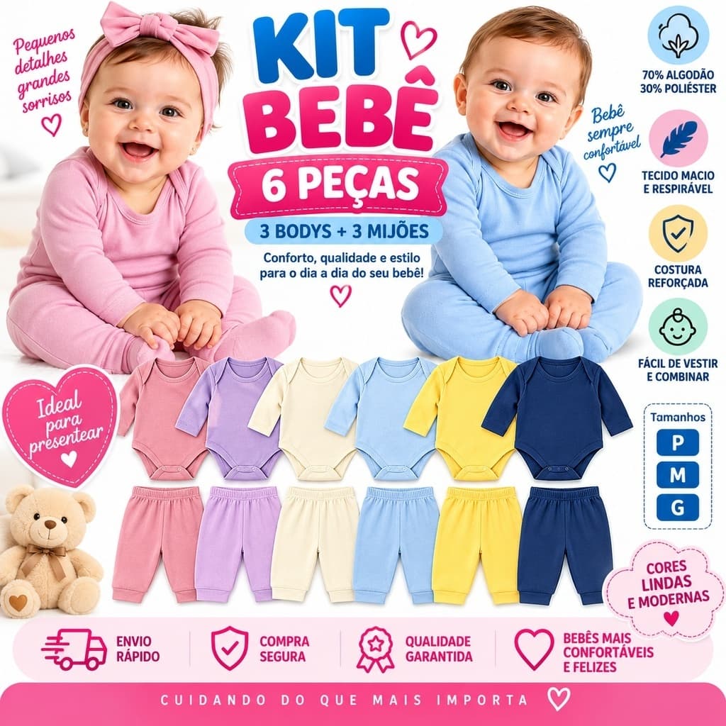 Kit Body Bebê 6 Peças Manga Longa com Mijão Conjunto  Infantil Menino e Menina pagão Enxoval P/G