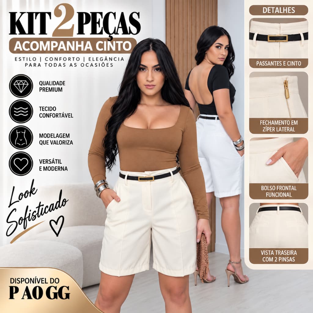 Kit 2 Short Bermudas Feminina Alfaiataria Social FORMA GRANDE ACOMPANHA CINTO