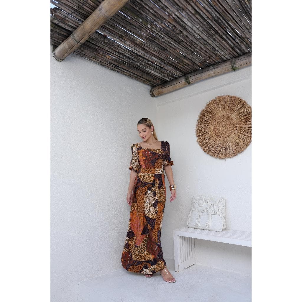 Vestido Longo Com Manga Estampado Forrado Tendencia Verão Tecido Fresquinho