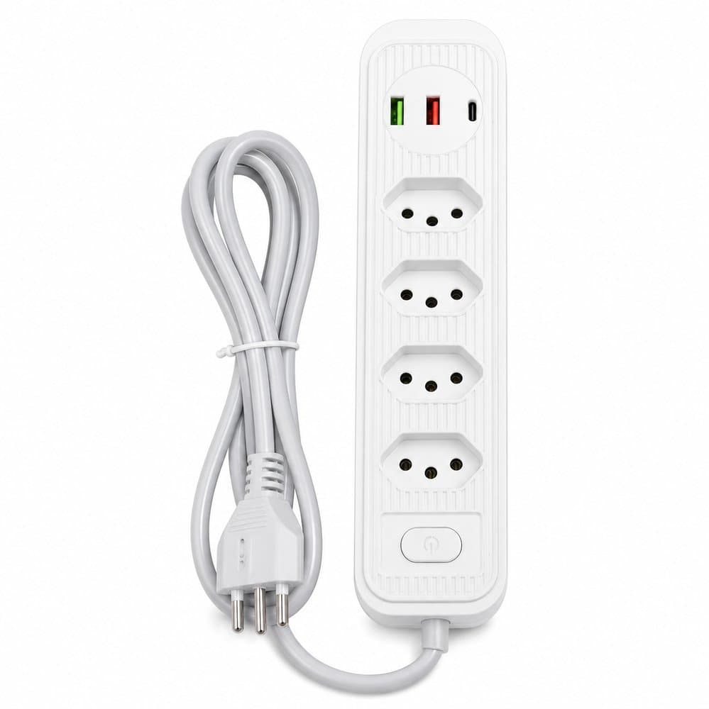 Filtro de Linha Extensão Elétrica 4 Tomadas 2 USB 2 Metros Régua Energia Interruptor Branco