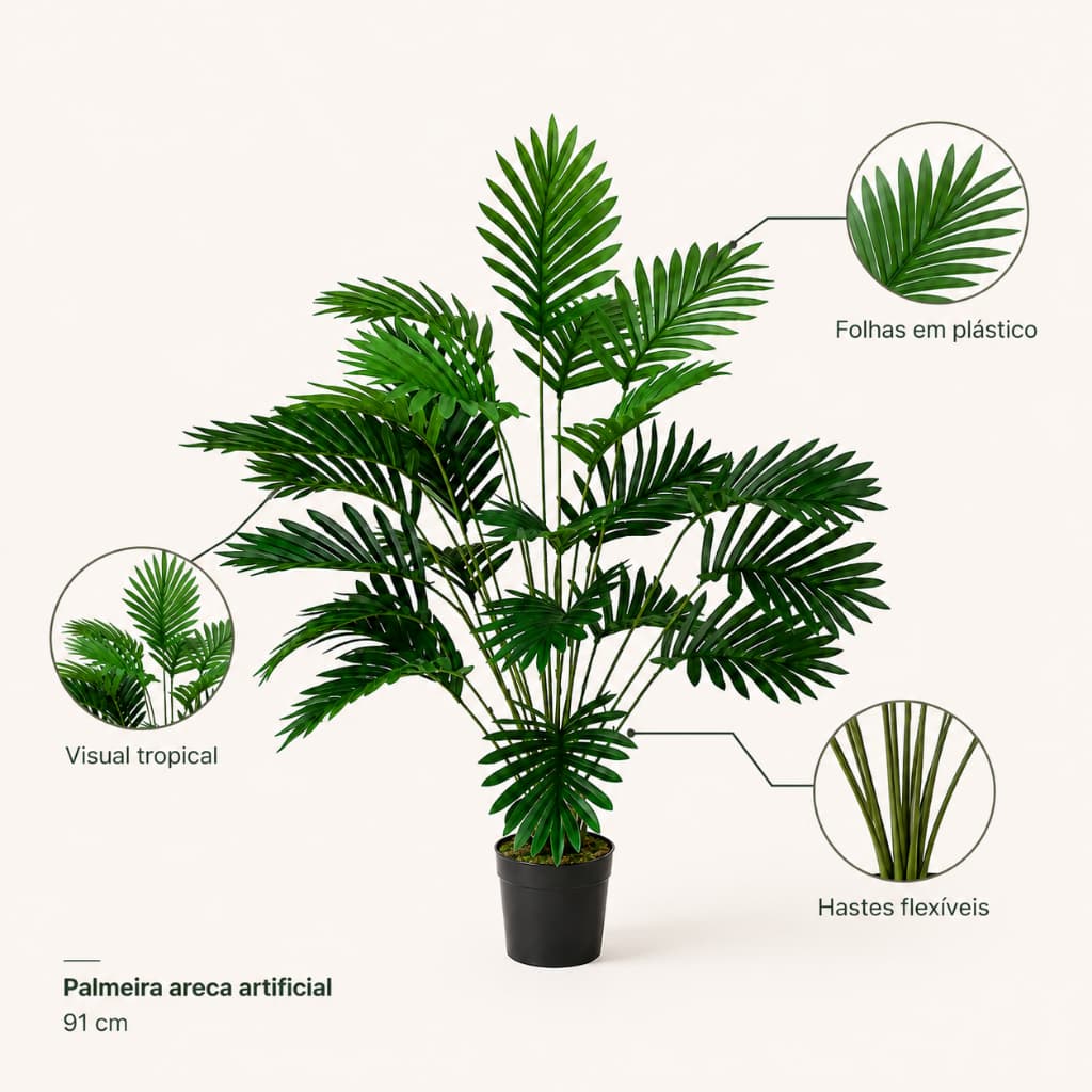 Kit 2 Palmeiras Areca Artificiais 91cm com 24 Galhos, Planta Verde Artificial para Sala, Escritório e Decoração