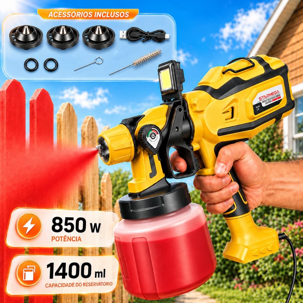 STARMEGA Kit 7 PCS Pistola de Pintura Com fio 850W 1400ml, 2 Baterias e Luz LED para Reformas e Pintura Doméstica