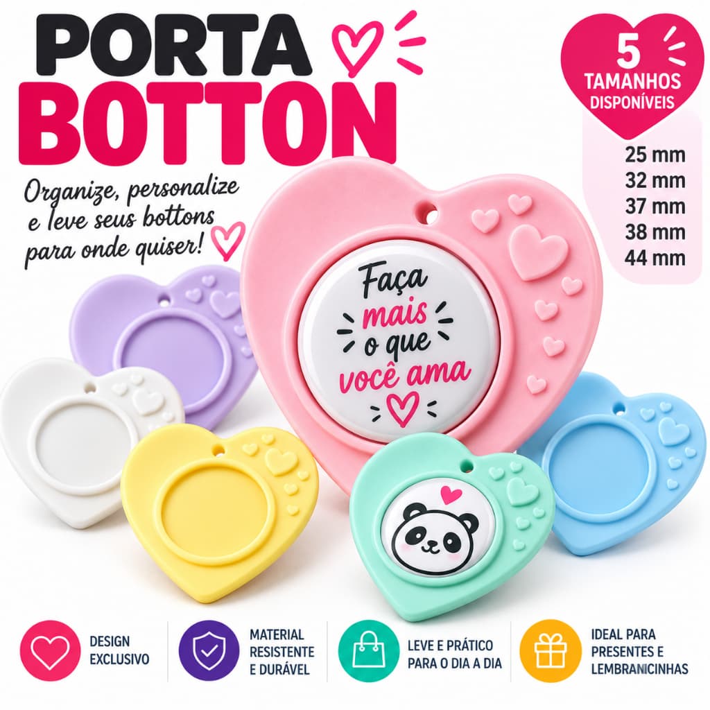 Kit Insumos bottons chaveiro clips para botton Coração porta botton Base para botton 25 mm 32 mm 37mm 38 mm 44mm e 59 mm