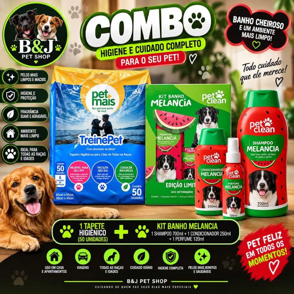 Tapetes Higiênicos Treine Pet 50 Unidades + Combo Pet Clean Melancia | Shampoo, Condicionador e Perfume Pet