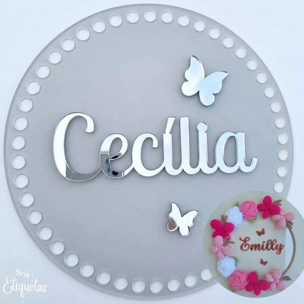 Base em acrílico 20cm para guirlanda de crochê + nomes e apliques personalizados