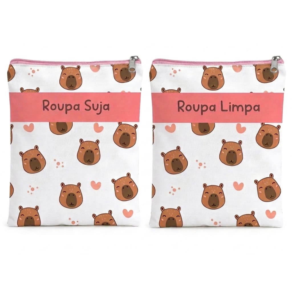 Kit 2 Saquinhos Organizadores Roupa Limpa e Suja Infantil Capivara Impermeável Creche Escola Maternidade