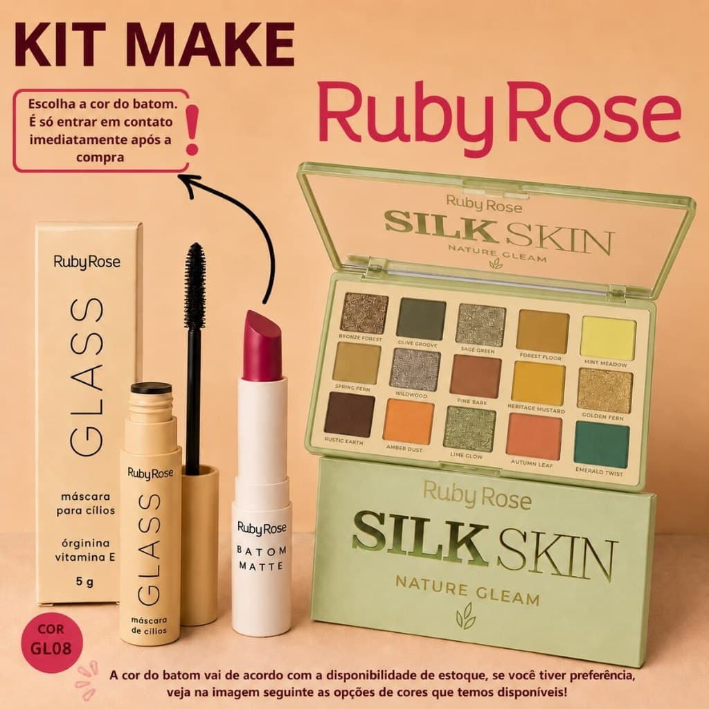 Kit Maquiagem Profissional Completa Ruby Rose Paleta 15 Cores + Batom Matte + Máscara Cílios