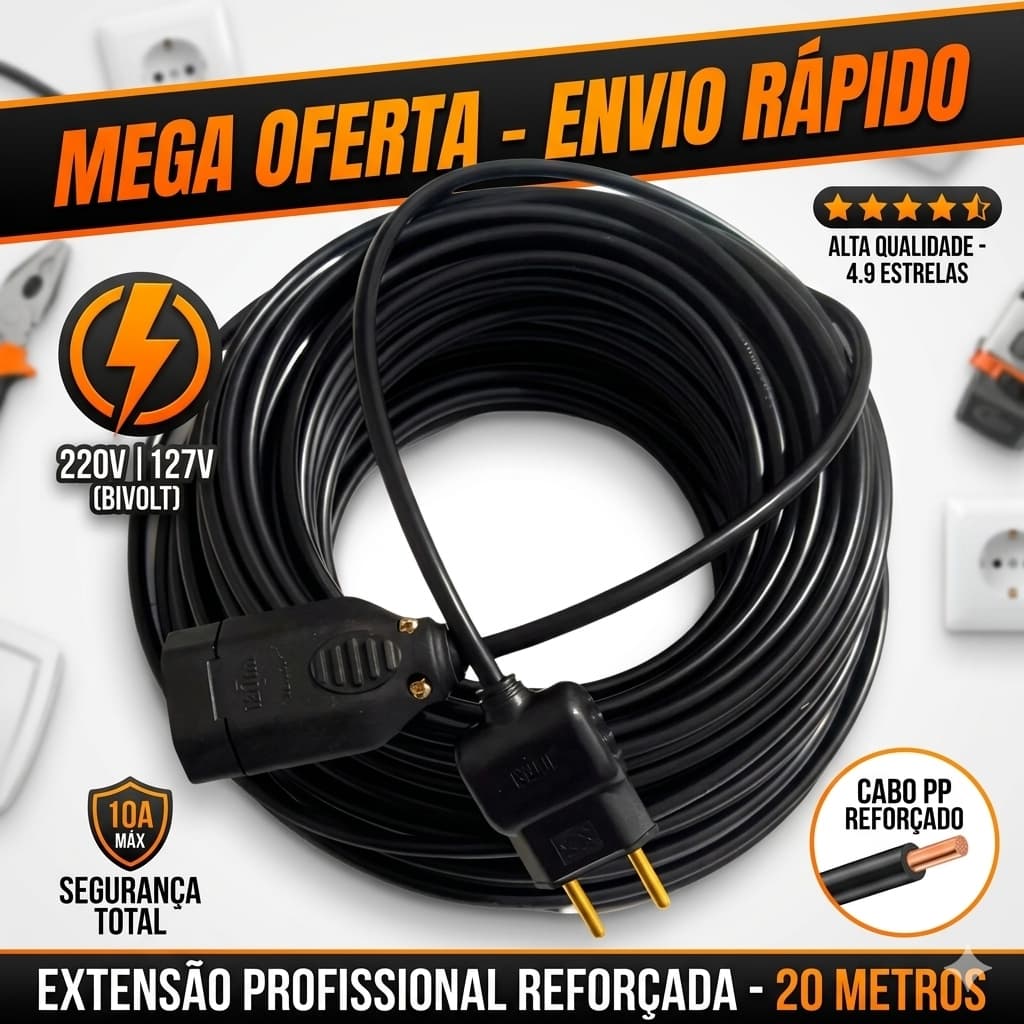 Extensao Eletrica Cabo PP Reforçada Bivolt Profissional 10A Resistente