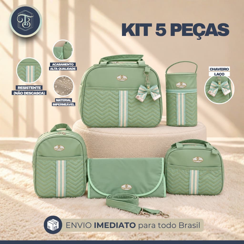 Kit Bolsa Maternidade Laço 5 Peças(Verde Claro)