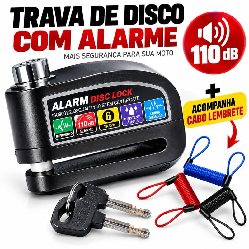 Trava Cadeado Alarme + Cabo Lembrete De Freio Disco Para Moto e Bikes