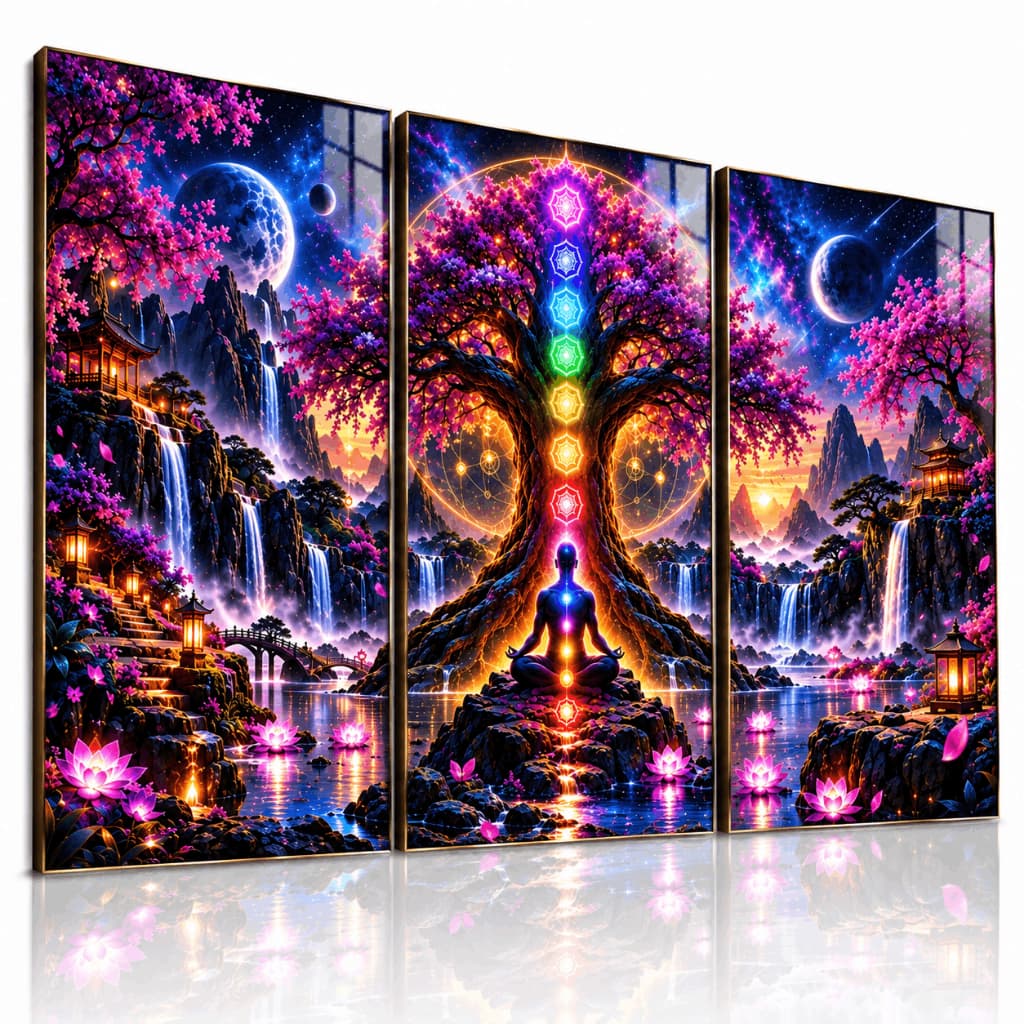Kit 3 Quadros Decorativos Árvore da Vida 7 Chakras Meditação Zen Yoga Energia Espiritual