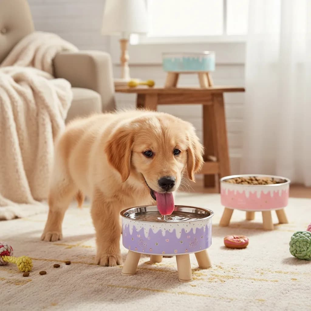 Comedouro Elevado Gato Cachorro Inox Pés Madeira Lilás Tigela Pet Ergonômica Ração Água Antiderrapante