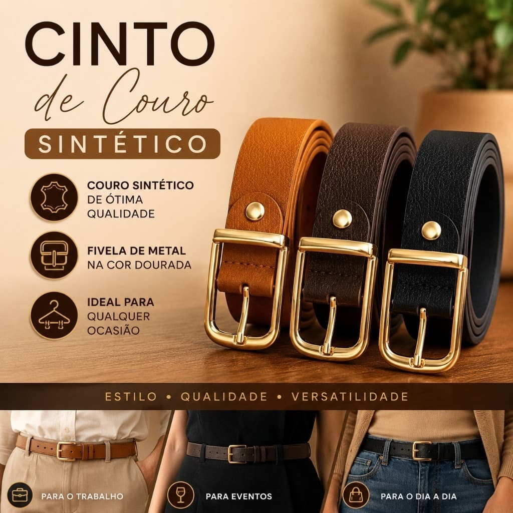 Kit 3 Cinto Feminino Elegante com Fivela Dourada Cores  Café /Caramelo/Preto