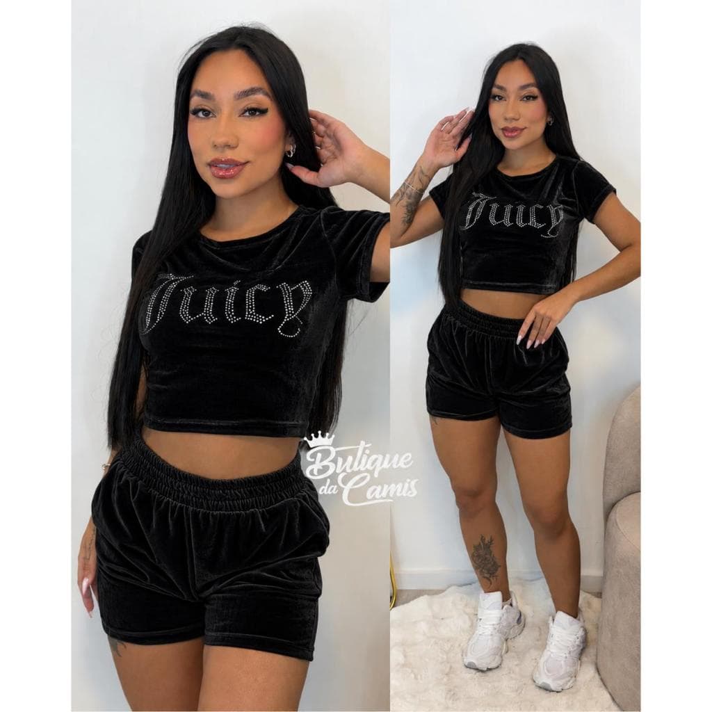 Conjunto Feminino Veludo Plush Juicy aplicação de strass Cropped e Short