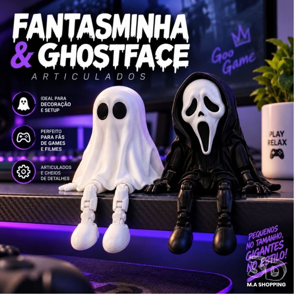 Bonecos Articulados Fantasminha e Ghostface para Gamer e Decoração com Design Detalhado