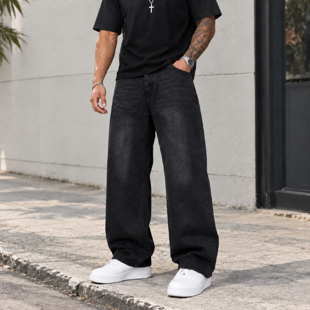Calça Jeans Masculina Wide Leg Solto Algodão Elastano Preto Desbotado streetwear