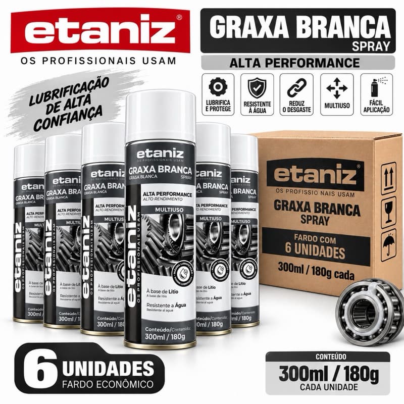 kit 6 unidades Graxa Branca Spray Etaniz 300ml 180g À Base de Lítio Multiuso