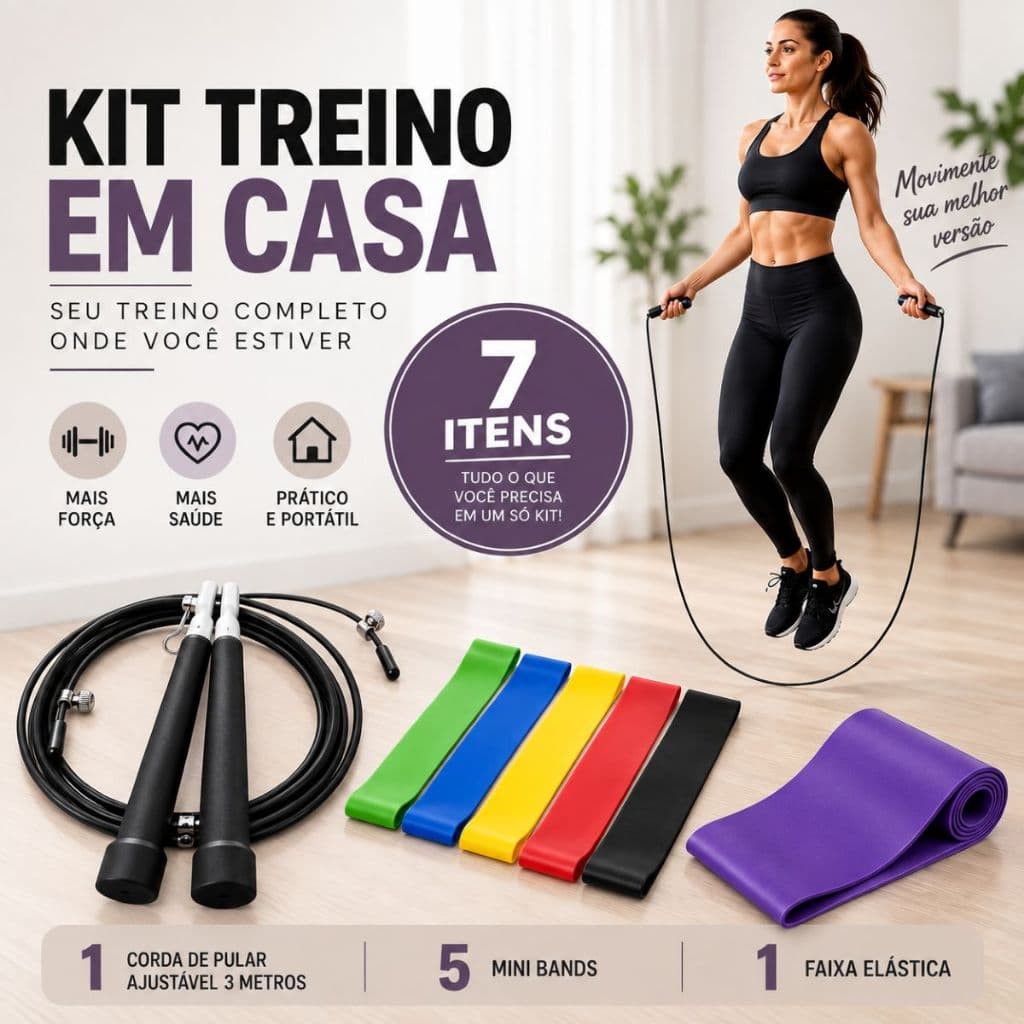 Kit Fitness para casa - Faixa Elástica Longa + 5 elásticos Mini Band + Corda Ajustável Profissional de 3m