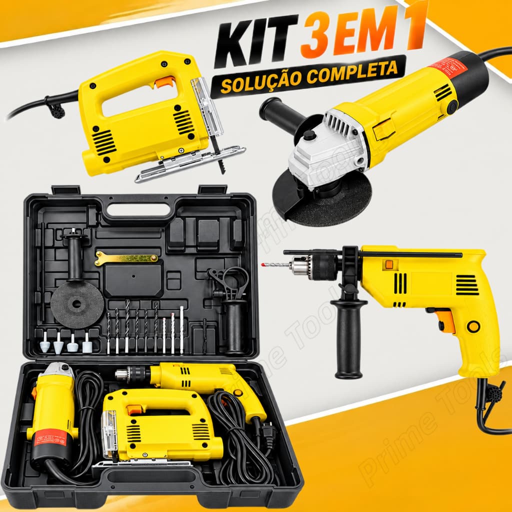 Kit Ferramentas 3 em 1 Furadeira de Impacto 1100W Esmerilhadeira 1200W Serra Tico-Tico 950W com Maleta